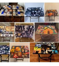 several different tables with pictures on them in various styles and sizes, all made out of magazines