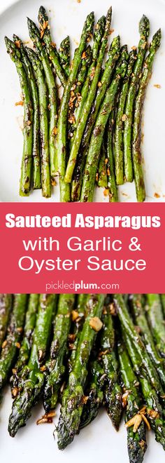 grilled asparagus with garlic and oyster sauce on a white serving platter