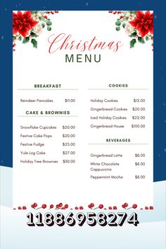 a christmas menu with red and white poinsettis