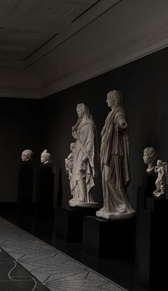 the statues are all lined up on pedestals in front of black walls and flooring