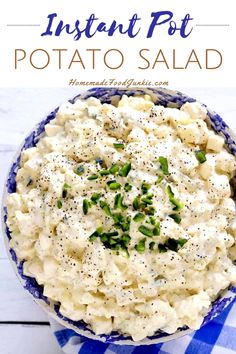 potato salad in a blue bowl on a checkered table cloth with the text instant pot potato salad