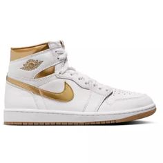 Women's Jordan Air 1 Retro High Og "White And Gold" Shoes Never Worn. Gold And White Laces White And Gold Shoes, Quinceanera Shoes, Nike Airmax 270, Jordan Air 1, Nike Blazer Low 77, Nike Vomero, Nike Sb Zoom, Purple Sneakers, Nike Tennis Dress