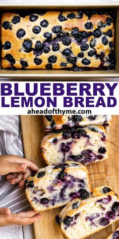 blueberry lemon bread is cut into slices and placed on a cutting board with the rest of the loaf ready to be eaten