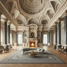 an ornate living room with high ceilings and columns