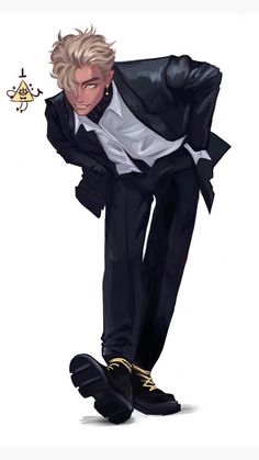 a drawing of a man in a tuxedo leaning forward with his foot on the ground