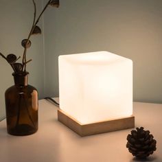 Nordic Style Cube Table Light With White Glass And Wooden Base - Single Nightstand Lighting Ice Table, Lighting Restaurant, Nightstand Lighting, Cube Lamps, Cube Table, Nordic Lamp, Lamp Bedroom, Small Table Lamp, Room Lighting