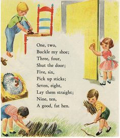 an old fashioned children's book with pictures of kids playing in front of the door