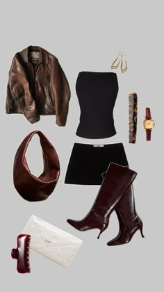 an assortment of women's clothing and accessories including boots, jacket, belt, watch