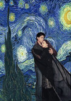 a man and woman embracing in front of a starry night painting with the moon behind them