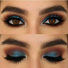 Green Eyeliner Looks For Brown Eyes, Make Up Inspo Brown Eyes, Blue Eyeliner Makeup Brown Eyes, Bright Makeup Looks Eyeshadows, Blue Eyeshadow Brown Eyes, Pop Of Color Eyeshadow, Make Brown Eyes Pop, Blue Eyeshadow For Brown Eyes, Teknik Makeup