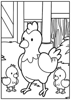 an adult chicken and two baby chickens are in the yard coloring pages for kids, free printable