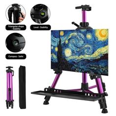 an easel is shown with multiple different types of art and photography equipment around it