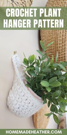 a crocheted planter hanging on the wall with text overlay that reads hanging plant holder crochet pattern