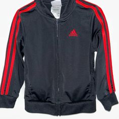 Adorable Adidas Warm-Up Jacket New Without Tags Sz 4t Full Zip Black With Applied Red Stripes To Outer Sleeves And Screen Printed Adidas Logo On The Back Fleece Lined Front Pockets All Measurements Taken Flat Across In Inches Length: 17.25 Top Of Shoulder To Hem Chest: 13 Across Underarms Questions? Please Message Me From A Clean, Smoke Free Home Adidas Shirt, Adidas Logo, Black Adidas, Kids Shirts, Black Red, Shirts Tops, Black And Red, Stripes, Sweatshirts Hoodie