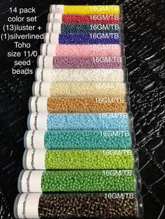 six different colors of beads are shown in this image, and each is labeled with the same