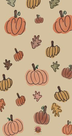 a drawing of pumpkins and leaves on a beige background with brown, orange, and yellow colors