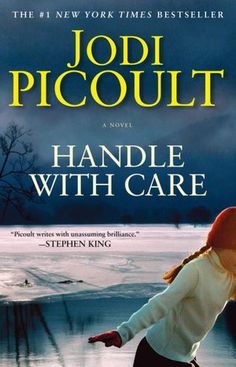 a book cover for handle with care by jodi picoultt, featuring a woman walking in the snow