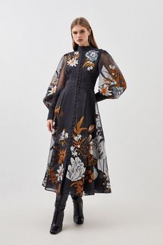 Petite Premium Embroidered Beaded Organdie Woven Maxi Dress | Karen Millen Organdie Dress, Midi Long Sleeve Dress, Casual Cocktail Dress, Western Embroidery, Petite Midi Dress, Latest Maxi Dresses, Chic Cocktail Dress, Style Aesthetics, Petite Maxi Dress