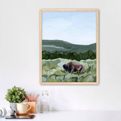 ’Grazing in Yellowstone’ Art Print - Paper / 5x7 / Oak Frame Montana Landscape, Ski Town, Acrylic Landscape, Landscape Paintings Acrylic, Botanical Collection, Park Art, Yellowstone National, Yellowstone National Park, Paper Print