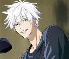 an anime character with white hair and blue eyes sitting down in front of a wall