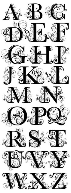 an old fashioned alphabet with swirls and scrolls on the upper letter, in black and white