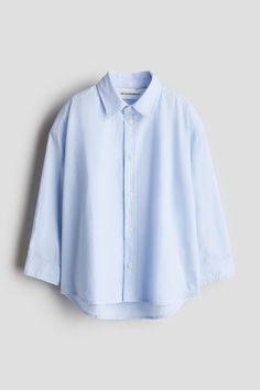 H&M Adorables. Shirt in soft  high-quality woven cotton fabric. Turn-down collar  dropped shoulders  and corozo buttons at front and at cuffs. Rounded hem  longer at back. The H&M Adorables collection is a curated selection of high-comfort  quality pieces with a timeless appeal. Light Blue Button Down, Bat Mitzvah Outfits, Cotton Shirts Women, Cotton Plant, Woven Cotton, Cotton Weaving, Sleeve Cotton, Boy's Clothing, Kids Boys