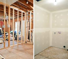 two pictures side by side showing the inside of a house being remodeled and in progress