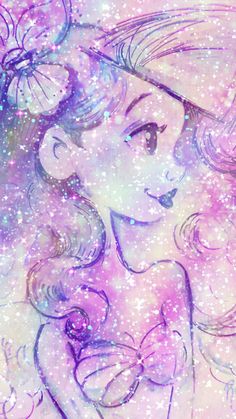 a drawing of a girl with long hair and bows on her head, in front of stars