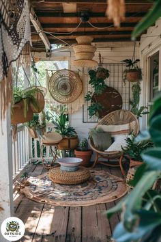 an outdoor porch with wicker chairs and plants on the floor, hanging baskets above