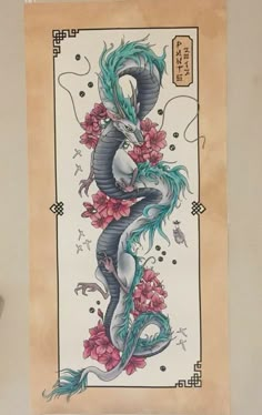 Haku Cherry Blossom Tattoo, Haku Painting, Haku Tattoo Design, Haku Studio Ghibli, Haku Art, Haku Tattoo, Tatuaje Studio Ghibli, Studio Ghibli Tattoo, Dragon Painting