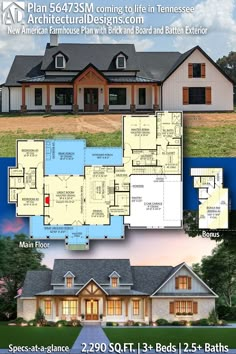 two story house plans with an open floor plan and three car garages on each side