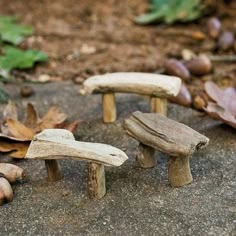 three small wooden benches sitting on top of a cement ground next to leaves and acorns