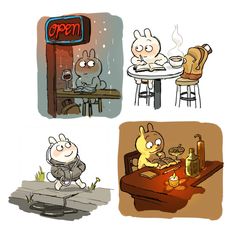 four cartoon scenes depicting people eating and drinking