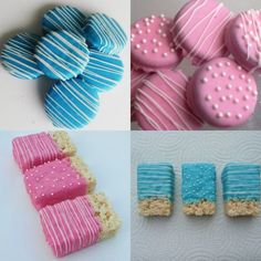 four different types of decorated cookies and pastries