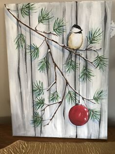 a painting of a bird sitting on a branch with a red ball hanging from it