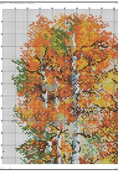 the cross stitch pattern shows an orange tree with leaves on it, and two rows of white