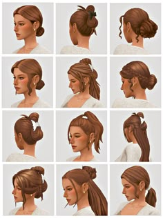 many different hairstyles are shown in various positions, including ponytails and buns