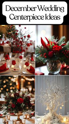 December wedding centerpiece ideas for an elegant and festive reception. Christmas Theme Wedding Centerpieces, Poinsettia Wedding Centerpiece, Christmas Wedding Centerpieces Round Tables, December Flowers In Season, Wedding Christmas Centerpieces, Simple Winter Wedding Table Decor, Christmas Gala Centerpieces, December Wedding Ideas Decoration, Christmas Themed Wedding Centerpieces