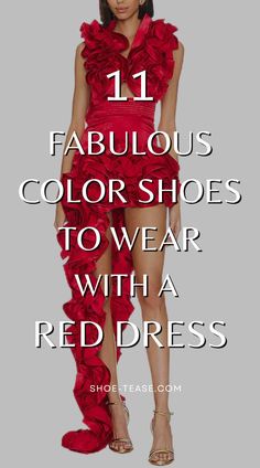 Want to wear a red dress outfit but unsure what color shoes go best? Let me show you 11 fabulous prints & color shoes to wear with red dresses, crimson dresses, poppy dresses and dark red dresses! From gold heels, to leopard pumps, check out what shoes to style with a red dress at shoe-tease.com