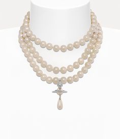 Three Row Pearl Drop Choker in PLATINUM-PEARL-MULTI | Vivienne Westwood® Vivienne Westwood Three Row Pearl Necklace, Diana Core, Vivienne Westwood Collection, 1987 Fashion, My Funny Valentine, White Necklace, Harris Tweed, Swarovski Pearls, Funny Valentine