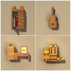 four different views of a wooden object with instructions on how to make it look like an old computer game console