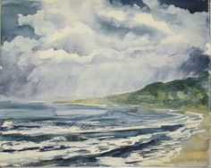 a painting of clouds over the ocean and hills in the distance with watercolor on paper