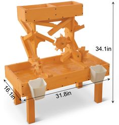 a wooden table with two white cups on it and measurements for the top part of the table