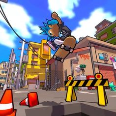 a cartoon character is doing tricks on a skateboard in the air over a construction area