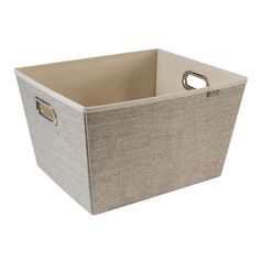 a large storage bin with handles on the front and bottom, in light grey fabric