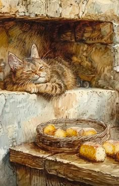 a painting of a cat laying on top of a table next to some breads