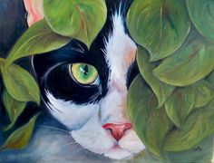 a painting of a black and white cat peeking out from behind some green leaves