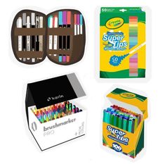 several different types of crayons and markers