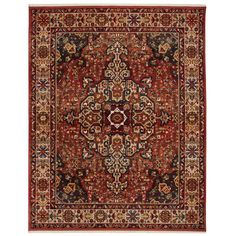 a red rug with an intricate design on the center and sides, in various colors