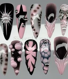 Line Work Nails Art Designs, Edgy Chrome Nails, Misfit Nails, Draw Nail Art Design, Punk Nails Designs, Punk Nails Acrylic, Visual Kei Nails, Tokyo Ghoul Nails Designs, Creepy Nail Designs